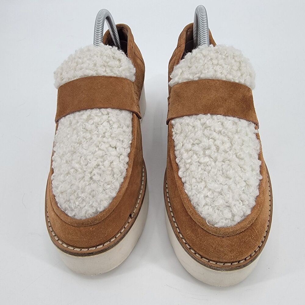 Vince Zola Womens 9M Faux Shearling Golden Brown Suede Slip-on Platform Shoes